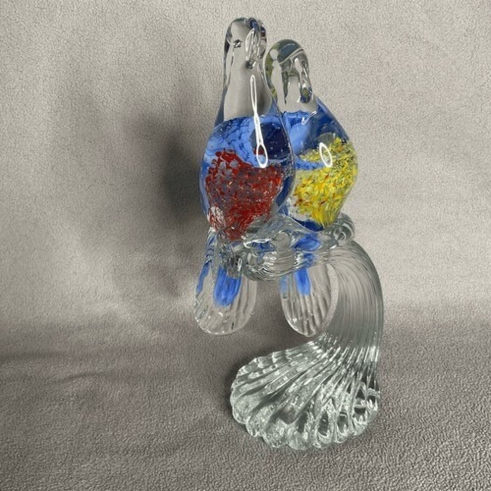 VTG Murano Style Controlled Bubble Art Glass Birds Parrots Figurine on Stand 9"